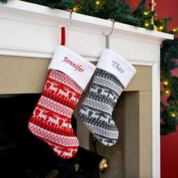 Personalised Embroidered Christmas Stocking Luxury Knitted Reindeer With Name - Red Or Silver Design UK Gift