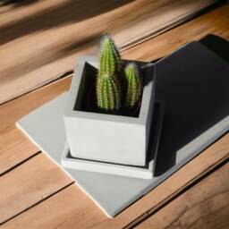 Atelier Ideco - Modern Gray Cube Concrete Planter Box With Draining Holes & Saucer, Nice For Cactus - thumbnail 3