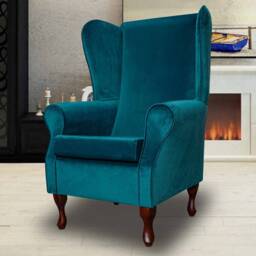 Handmade Teal Velvet High Back Armchair Fireside Accent Chair - thumbnail 3