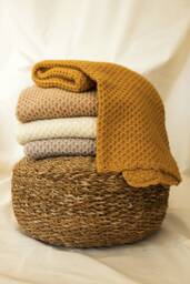 Handknit Alpaca Baby Blanket, Waffle Texture Beige Plaid, Soft Gender Neutral Newborn Gift