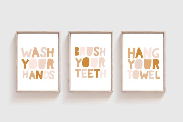 Set Of 3 Bathroom Prints, Wash Your Hands Print, Brush Teeth Hang Towel Kids Playroom Wall Art - image 1