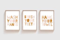 Set Of 3 Bathroom Prints, Wash Your Hands Print, Brush Teeth Hang Towel Kids Playroom Wall Art - thumbnail 1