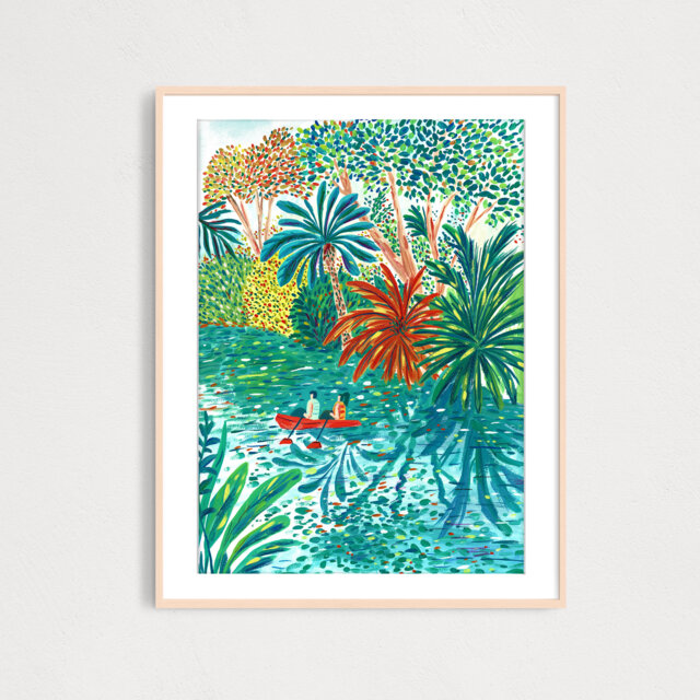 Couple Sailing in Tropical River Art Print, Magical Travel Poster, Gouache Illustration, For Kids Room, Home Decor - image 1