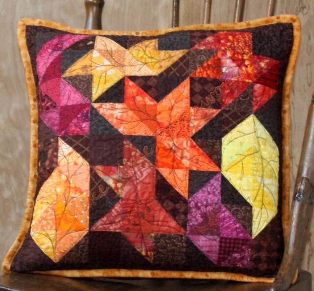 Quilted Autumn Leaves Pillow Cover, Brown, Orange, Red, Gold, Cotton Patchwork With Gold Binding, Throw Pillow, Cover Only - image 1