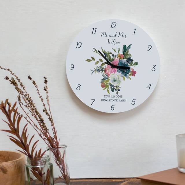 Hydrangea & Roses Floral Wedding Clock - Family New Home Gift Illustrated Acrylic Wall - image 1