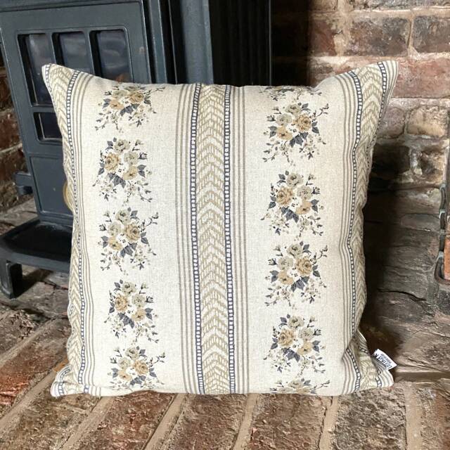 919. Lala Charcoal, Beige Roses On Stripes, 100% Linen Cushion Cover, Various Sizes - image 1