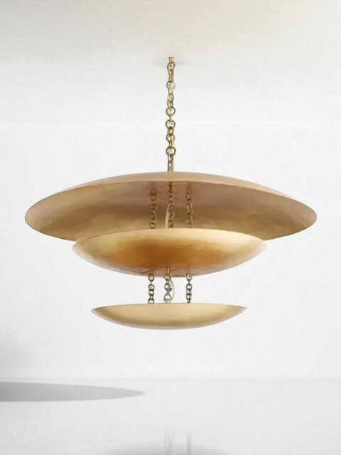 1950's Brass Curved Disk Shades Ceiling Flush Mount Chandelier Pendant Six Light Triple Shade Wall Fixture Lamp - image 1
