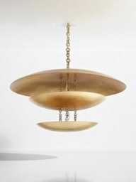 1950's Brass Curved Disk Shades Ceiling Flush Mount Chandelier Pendant Six Light Triple Shade Wall Fixture Lamp - thumbnail 1