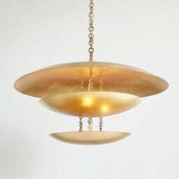 1950's Brass Curved Disk Shades Ceiling Flush Mount Chandelier Pendant Six Light Triple Shade Wall Fixture Lamp - thumbnail 3