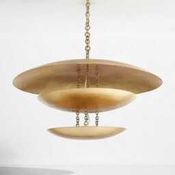 1950's Brass Curved Disk Shades Ceiling Flush Mount Chandelier Pendant Six Light Triple Shade Wall Fixture Lamp - thumbnail 2