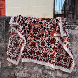 Large Suzani Quilt - Hand Stitched Floral Bedspread Boho Bedroom Decor Unique Handmade - thumbnail 2