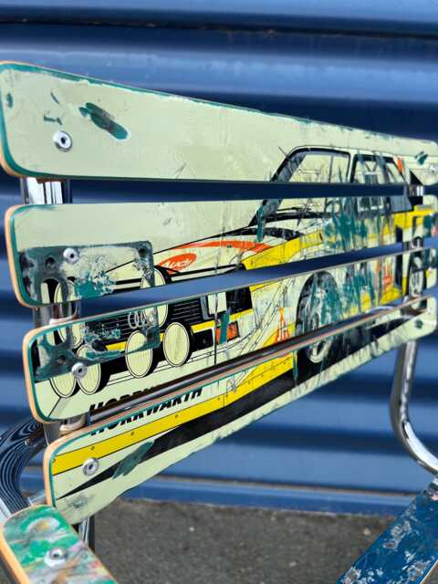"Skateboard Recycling Cantilever Chair Unique Upcycling Artwork, Original Chrome Frame ""Audi S1 Used" - image 1
