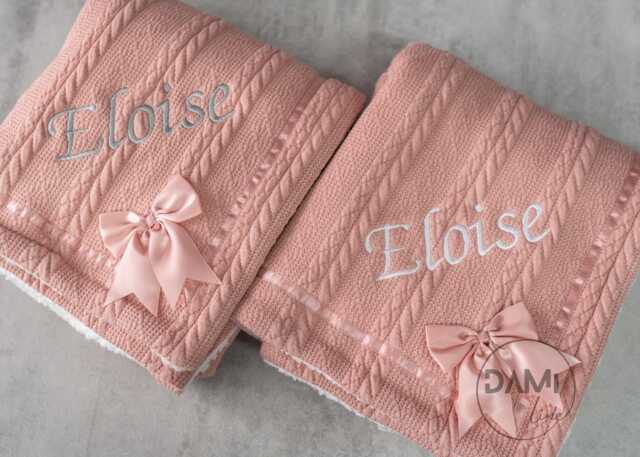 Personalized Rose Gold Knitted Baby Blanket Sherpa Lined, Satin Bow - image 1