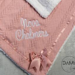 Personalized Rose Gold Knitted Baby Blanket Sherpa Lined, Satin Bow - thumbnail 2