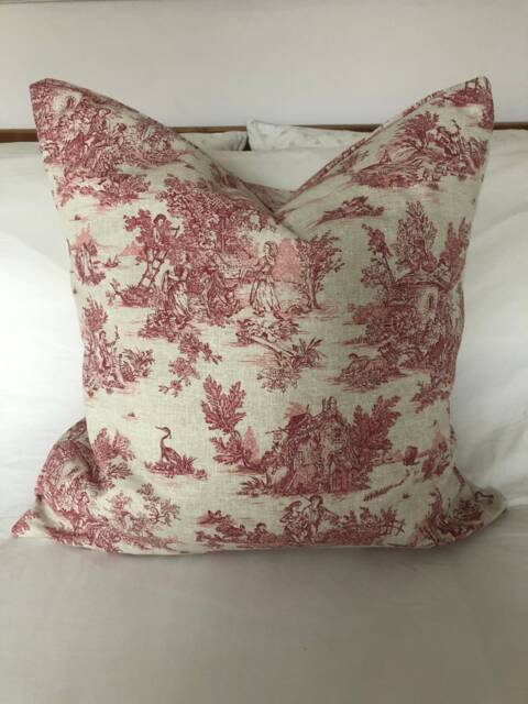 French Country Pillow Cover, Farmhouse Covers, Vintage Decor, Toile De Jouy Cushion Red Christmas Pillows - image 1