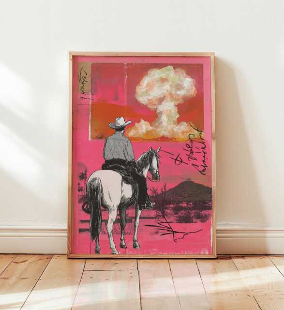 Cowboy Wall Art, Pop Art Style Poster, Western Desert Print, Pink Modern Artwork, Retro Americana Decor, Surreal Contemporary - image 1