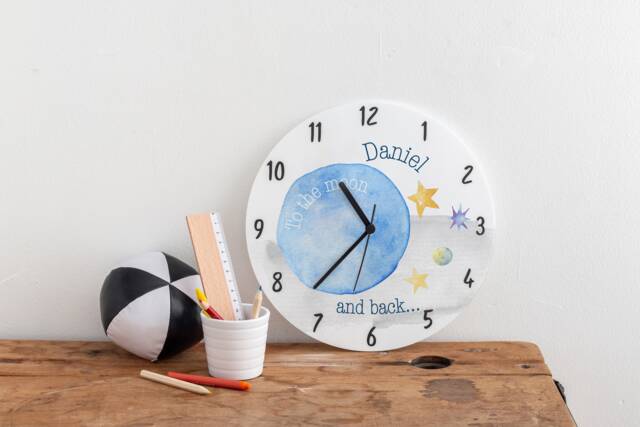 Moon & Stars Personalised Bedroom Wall Clock - Children's Gift With Name Illustrated Clock- New Baby Nursery - image 1