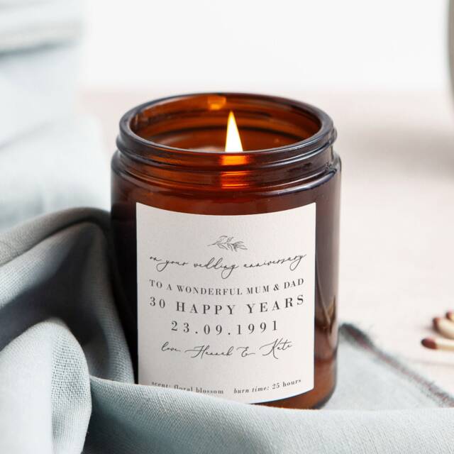 Personalised Wedding Anniversary Candle Gift For Parents - Soy Wax, Pale Pink Label - image 1