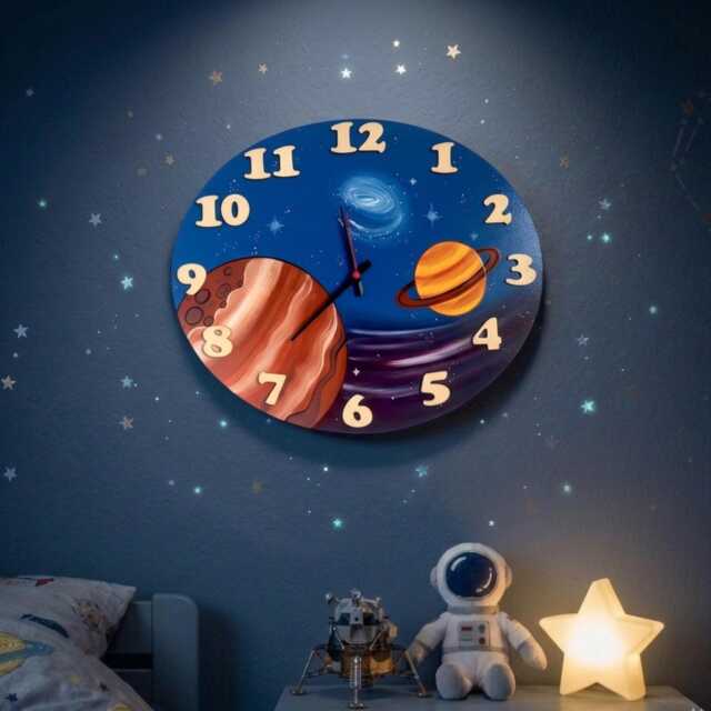 Hand-Painted Wooden Space Clock, Astronaut Nursery Decor, Montessori Learning Tool - image 1