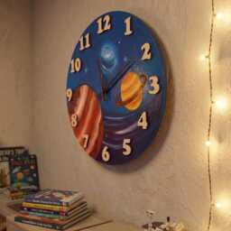 Hand-Painted Wooden Space Clock, Astronaut Nursery Decor, Montessori Learning Tool - thumbnail 3