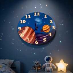 Hand-Painted Wooden Space Clock, Astronaut Nursery Decor, Montessori Learning Tool - thumbnail 1