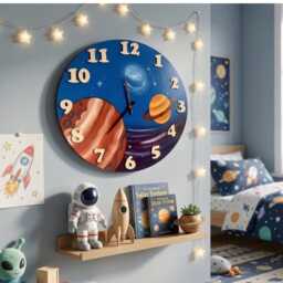 Hand-Painted Wooden Space Clock, Astronaut Nursery Decor, Montessori Learning Tool - thumbnail 4
