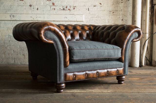 Antique Tan Brown Leather Chesterfield Armchair, Grey Wool, British Handmade - image 1