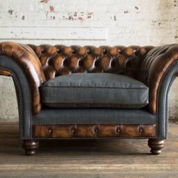 Antique Tan Brown Leather Chesterfield Armchair, Grey Wool, British Handmade - thumbnail 2