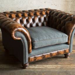 Antique Tan Brown Leather Chesterfield Armchair, Grey Wool, British Handmade - thumbnail 3