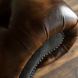 Antique Tan Brown Leather Chesterfield Armchair, Grey Wool, British Handmade - thumbnail 4