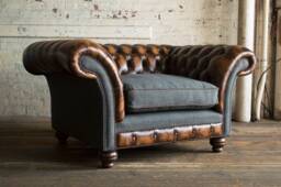 Antique Tan Brown Leather Chesterfield Armchair, Grey Wool, British Handmade - thumbnail 1