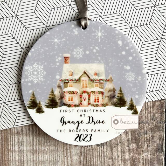 Personalised First Christmas At Address in New Home House Home Gift Design Acrylic Or Ceramic Round Ornament Keepsake - image 1