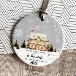 Personalised First Christmas At Address in New Home House Home Gift Design Acrylic Or Ceramic Round Ornament Keepsake - thumbnail 2