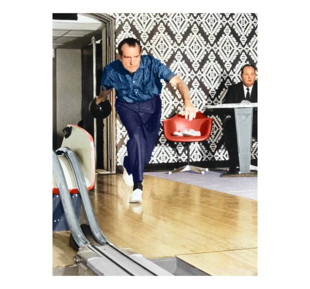 Richard Nixon Bowling Colorized Print Poster, Big Lebowski White House Ally Poster Vintage Presidential Art