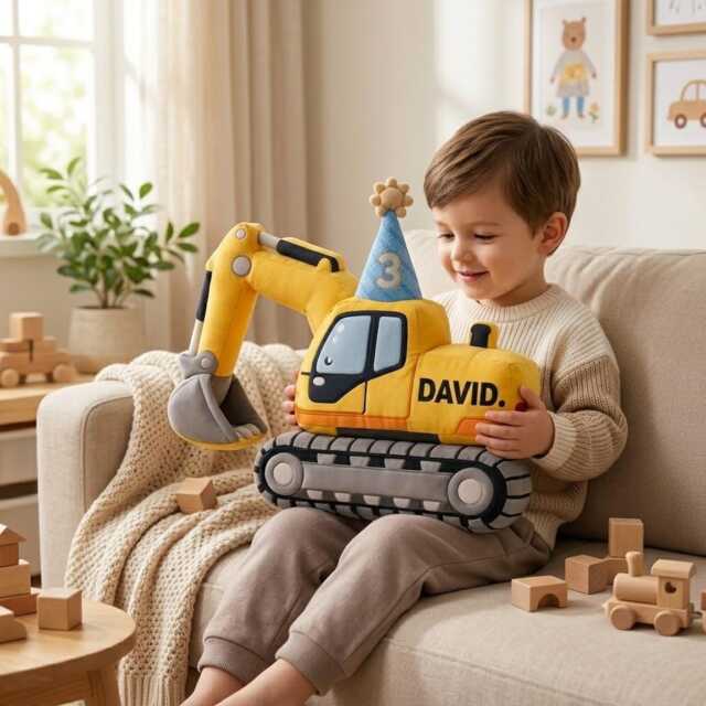 Personalized Excavator Pillow, Custom Face Shaped Names Bulldozer Toddler Nursery Decor, Boy Birthday Gift - image 1