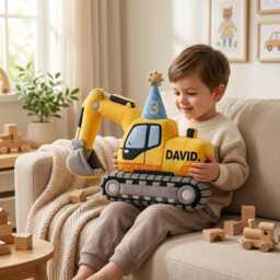 Personalized Excavator Pillow, Custom Face Shaped Names Bulldozer Toddler Nursery Decor, Boy Birthday Gift - thumbnail 1