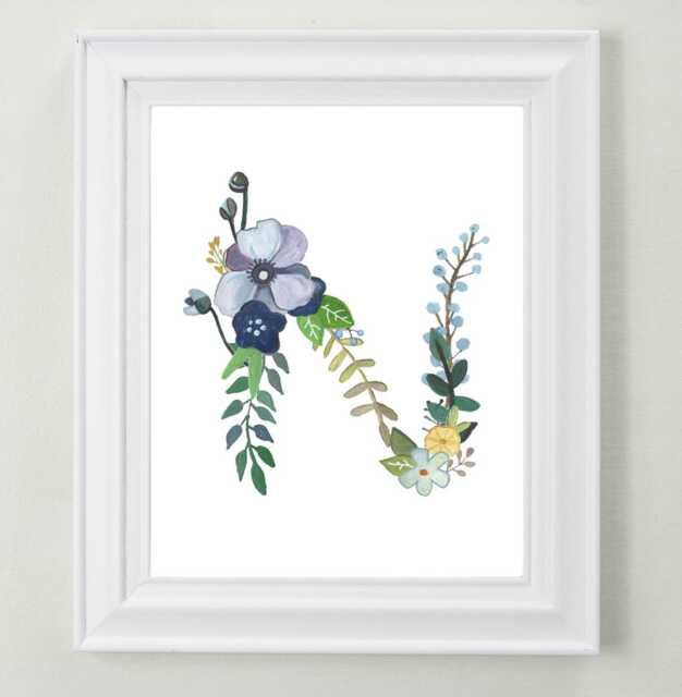 Floral Letter N Art Print Hand-Painted Nursery Decor - image 1