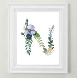 Floral Letter N Art Print Hand-Painted Nursery Decor - thumbnail 1