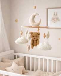 Boucle Bear Moon Cloud Baby Mobile - Neutral Nursery Decor, Shower Gift