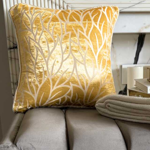 Mimosa Yellow, Burnout Velvet Nature & Floral Pattern, Contemporary Throw Pillow Cover/Euro Sham - Yellow Leaves - image 1