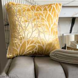 Mimosa Yellow, Burnout Velvet Nature & Floral Pattern, Contemporary Throw Pillow Cover/Euro Sham - Yellow Leaves - thumbnail 1