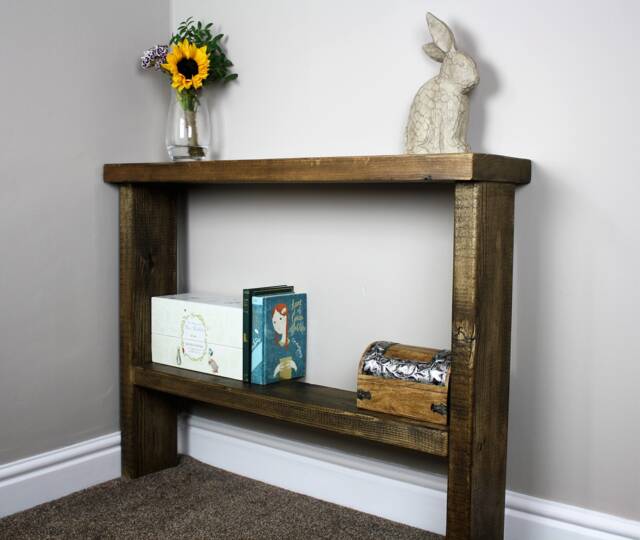 Rustic Hall Table, Console Side Table Solid Wood Dark Oak Wax Reclaimed Antique Wooden With Shelf - image 1