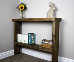 Rustic Hall Table, Console Side Table Solid Wood Dark Oak Wax Reclaimed Antique Wooden With Shelf - thumbnail 1
