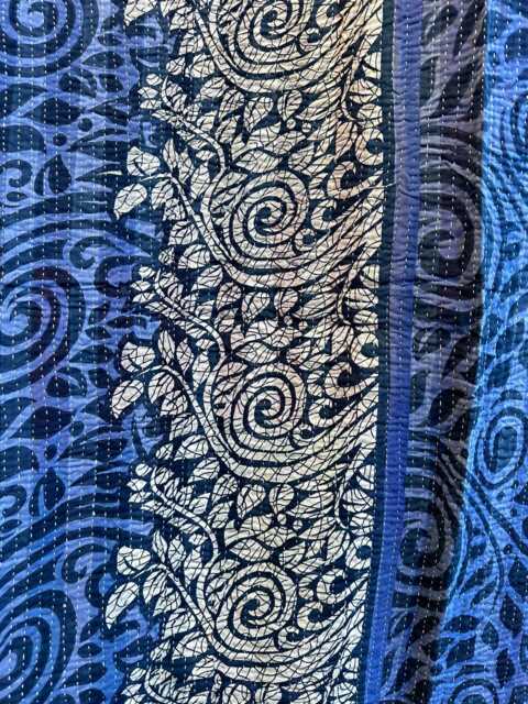 Vintage Handmade Kantha Stitch Sofa Throw - Beach Camper Van Quirky Colours Blue Black Floral - image 1