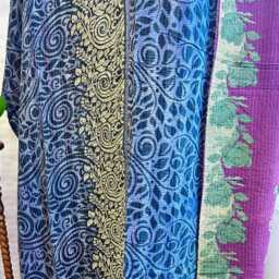 Vintage Handmade Kantha Stitch Sofa Throw - Beach Camper Van Quirky Colours Blue Black Floral - thumbnail 3