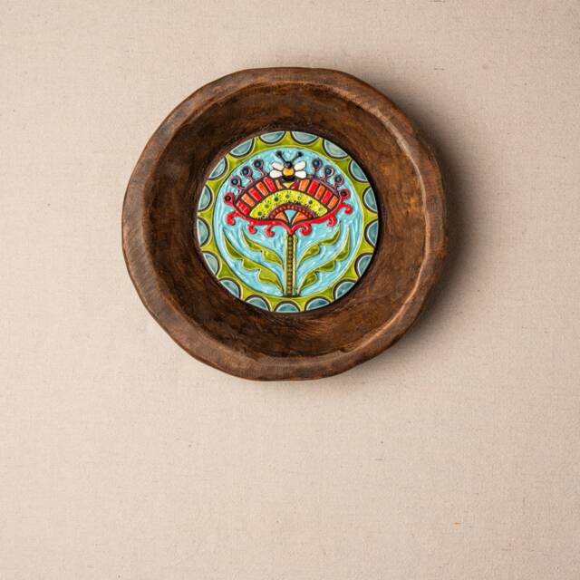 Queen Bee Ceramic Wall Art Framed in Handcarved Wooden Dough Bowl, Handmade & Mosaic Tile, Made To Order, Deep - image 1
