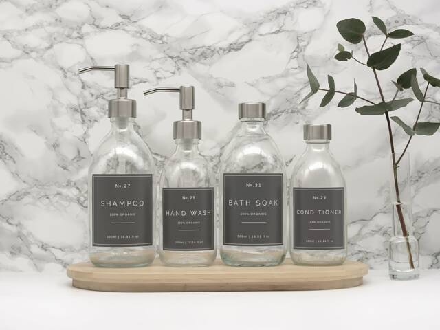 Clear Glass Soap Dispenser Bottle Silver Metal Pump, Waterproof Grey Label, Refillable