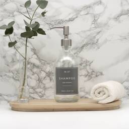 Clear Glass Soap Dispenser Bottle Silver Metal Pump, Waterproof Grey Label, Refillable - thumbnail 2
