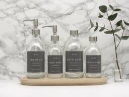 Clear Glass Soap Dispenser Bottle Silver Metal Pump, Waterproof Grey Label, Refillable - thumbnail 1