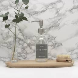 Clear Glass Soap Dispenser Bottle Silver Metal Pump, Waterproof Grey Label, Refillable - thumbnail 3